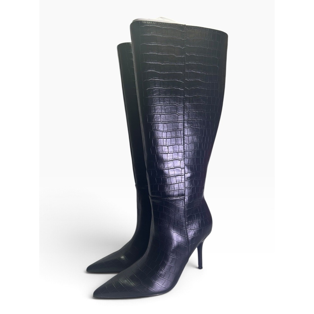 GUESS Gressa Style Black Croc Knee High Boots Size 8 Wide Calf Stiletto NIB